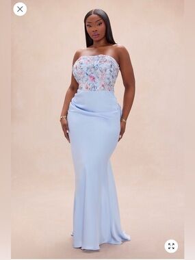New Fashion Nova Luxe Strapless Light Blue satin Floral Embellished Gown